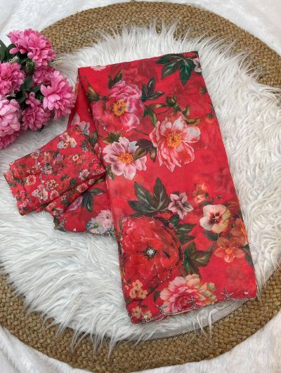 Pure Soft Georgette Floral Print Saree with Khatli and Cutdana Work