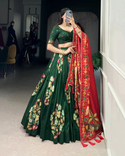 Tussar Silk Printed Lehenga Choli with Foil Work and Lace