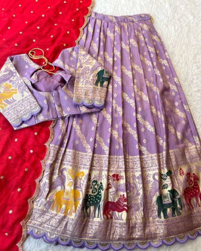 Animals, Bandhej, and Leheriya Stitched Lehenga Set
