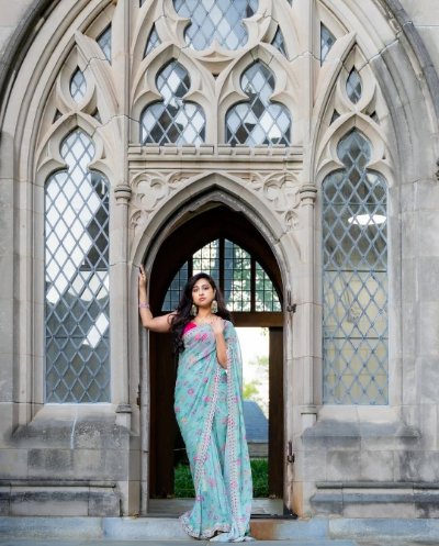 Soft Georgette Silk Floral Print Saree with Thread & Zari Work