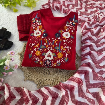 Designer Cotton Kurti Pant Dupatta Set with Embroidery