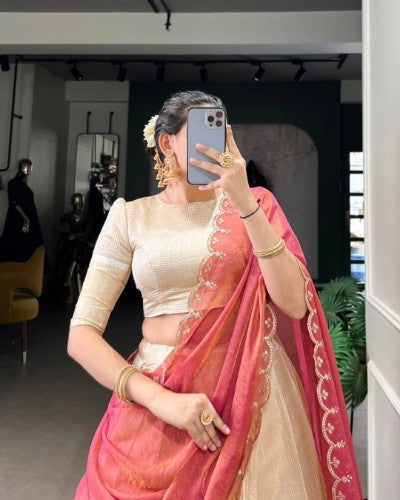 Elegant Golden Zari Weaving Work Lehenga with Zari Shimmer Dupatta