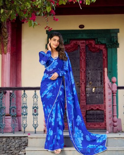 Sandhiya Floral Printed Chiffon Saree with Pearl Lace Border