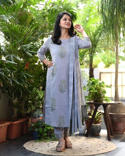 Pastel Grey Hand Block Print Schiffli Patch Suit Set