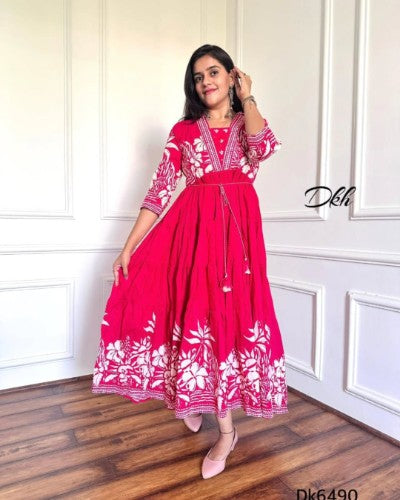 Premium Cotton Printed Flare Gown with Dori Belt