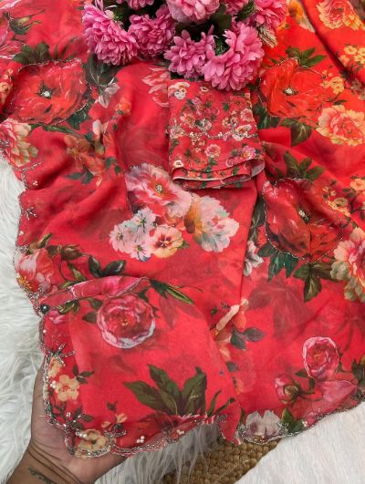 Pure Soft Georgette Floral Print Saree with Khatli and Cutdana Work