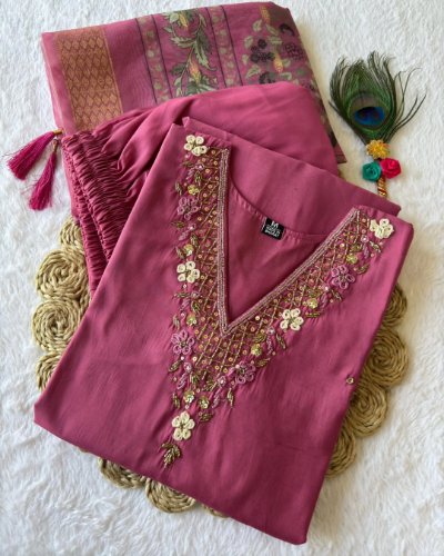 Premium Roman Silk Rouge Hand Work Suit with Chanderi Jacquard Dupatta