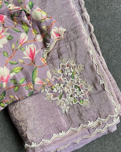 Glass Mirror Silk Saree with Handwork and Printed Silk Blouse