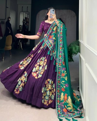 Tussar Silk Printed Lehenga Choli with Foil Work and Lace