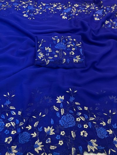 Pure Georgette Shaded Floral Embroidery Saree