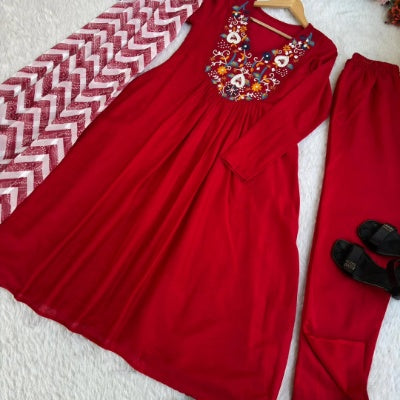 Designer Cotton Kurti Pant Dupatta Set with Embroidery