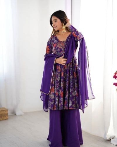 Romansilk Chanderi Kediya Kurta Palazzo with Organza Dupatta Set
