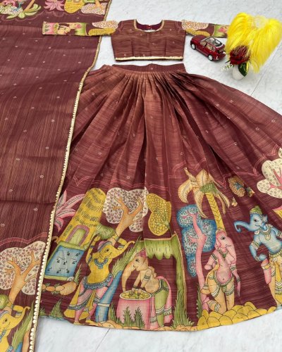 Kalamkari Print Tissue Jari Lehenga Choli with Embroidery