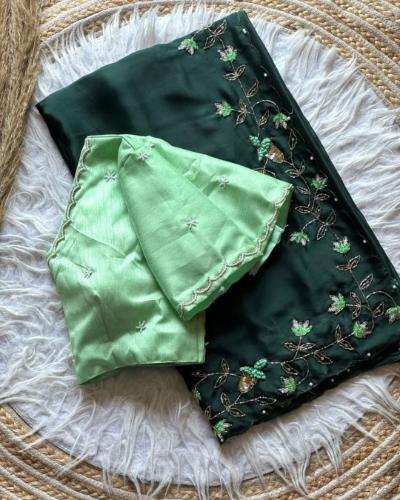 Bottle Green & Pista Green Handwork Saree