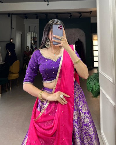 Jacquard Silk Zari Weaving Lehenga with Sequins Embroidery Blouse and Organza Dupatta