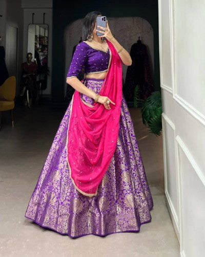 Jacquard Silk Zari Weaving Lehenga with Sequins Embroidery Blouse and Organza Dupatta