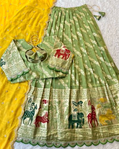 Animals, Bandhej, and Leheriya Stitched Lehenga Set