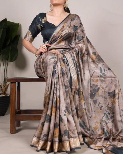 Tussar Silk Printed Saree with Viscose Border