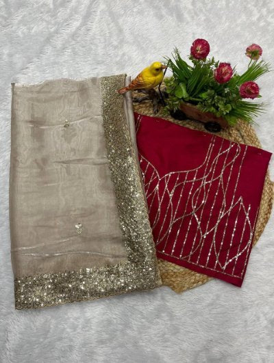 Beautiful Trending Designer Beige Embroidered Saree