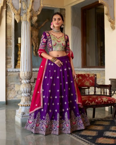 Sequins and Thread Embroidery Vichitra Silk Lehenga Choli