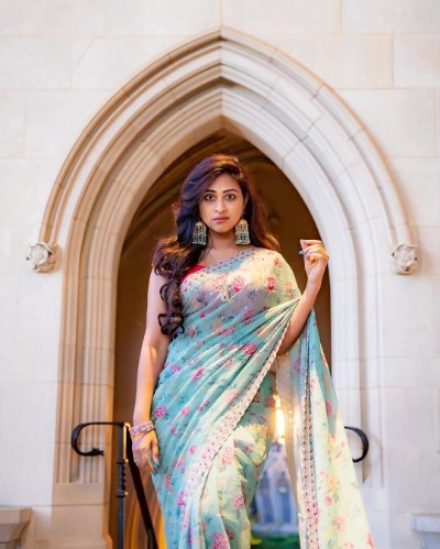 Soft Georgette Silk Floral Print Saree with Thread & Zari Work