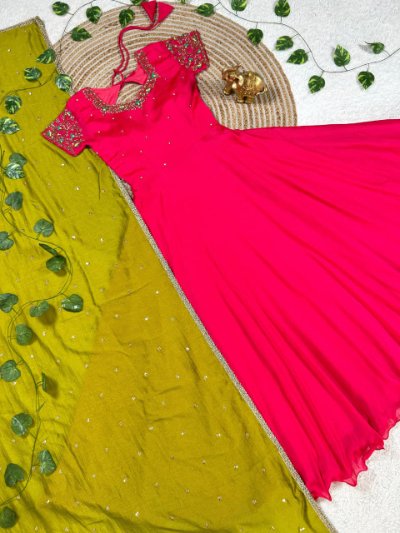 Silk Maggam Work Gown with Chinnon Silk Dupatta