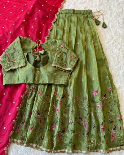 Peacock Beauty Embroidered Gold Crush Silk Lehenga Choli