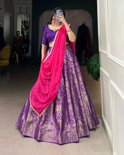 Jacquard Silk Zari Weaving Lehenga with Sequins Embroidery Blouse and Organza Dupatta