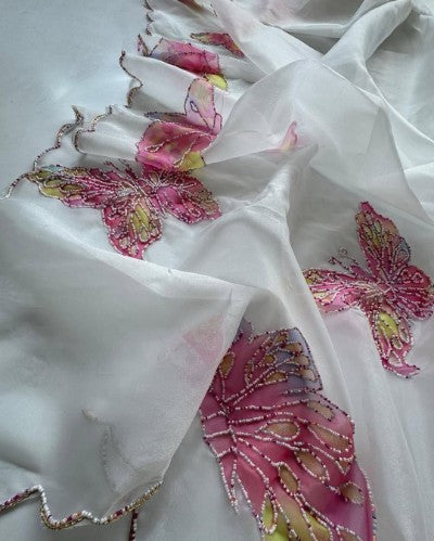 Soft Organza Silk Floral Print Saree with Moti Work