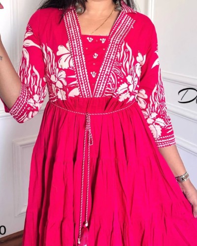 Premium Cotton Printed Flare Gown with Dori Belt