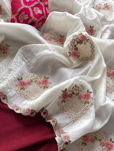 Ridhima Pure Paper Silk Crush Saree with Floral Embroidery