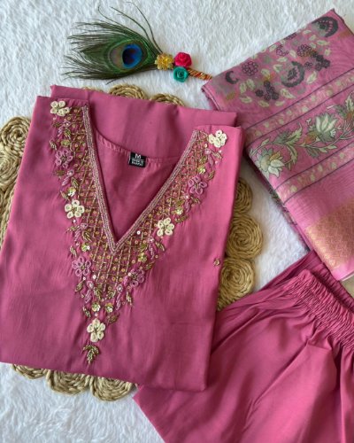 Premium Roman Silk Rouge Hand Work Suit with Chanderi Jacquard Dupatta