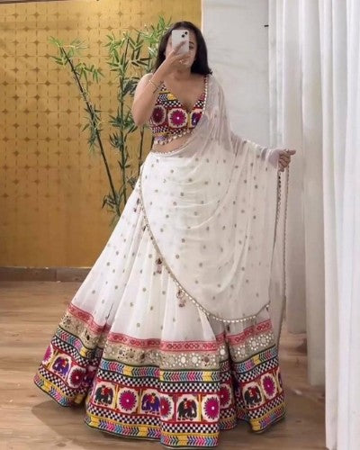 Georgette Embroidery Saree with Mirror Work (White or Black)