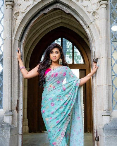 Soft Georgette Silk Floral Print Saree with Thread & Zari Work