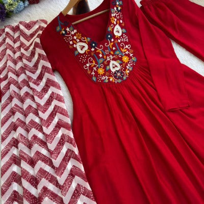 Designer Cotton Kurti Pant Dupatta Set with Embroidery