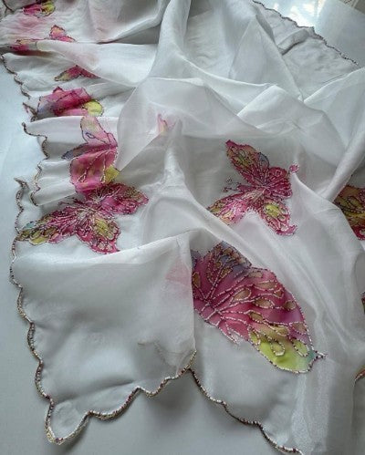 Soft Organza Silk Floral Print Saree with Moti Work