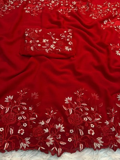 Pure Georgette Shaded Floral Embroidery Saree