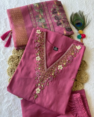Premium Roman Silk Rouge Hand Work Suit with Chanderi Jacquard Dupatta