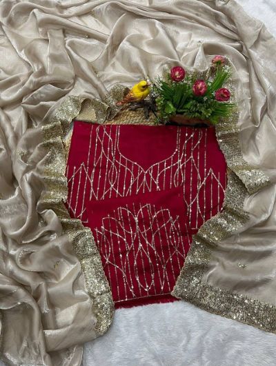 Beautiful Trending Designer Beige Embroidered Saree