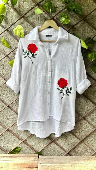 Rose Embroidered Mulmul Cotton Shirt