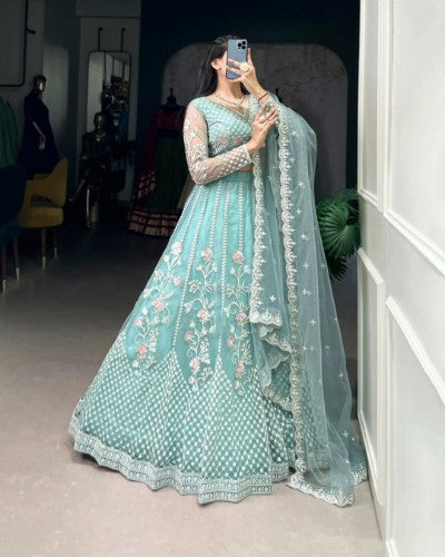 Pastel Blue Sequins & Thread Embroidery Net Lehenga Choli