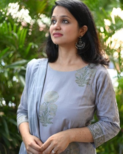 Pastel Grey Hand Block Print Schiffli Patch Suit Set