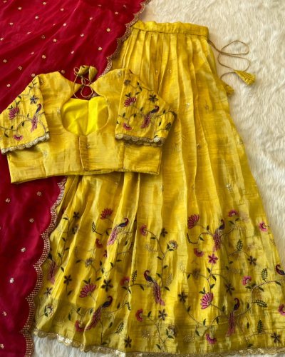Peacock Beauty Embroidered Gold Crush Silk Lehenga Choli