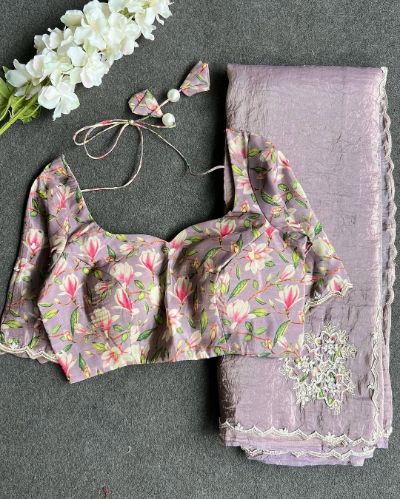 Glass Mirror Silk Saree with Handwork and Printed Silk Blouse