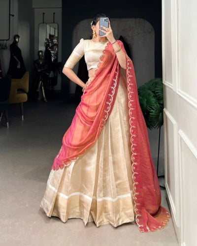 Elegant Golden Zari Weaving Work Lehenga with Zari Shimmer Dupatta