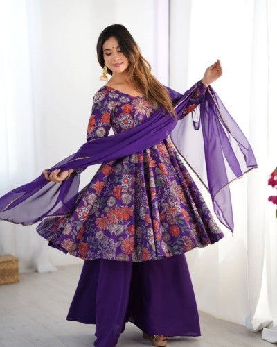 Romansilk Chanderi Kediya Kurta Palazzo with Organza Dupatta Set